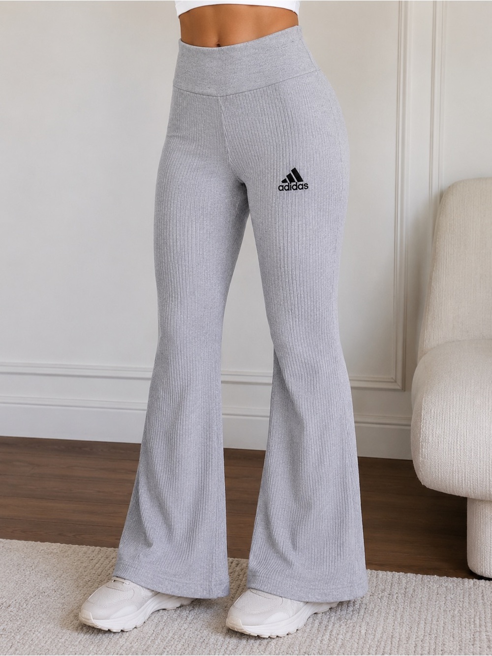 adidas Light Gray Ribbed Flare Leggings